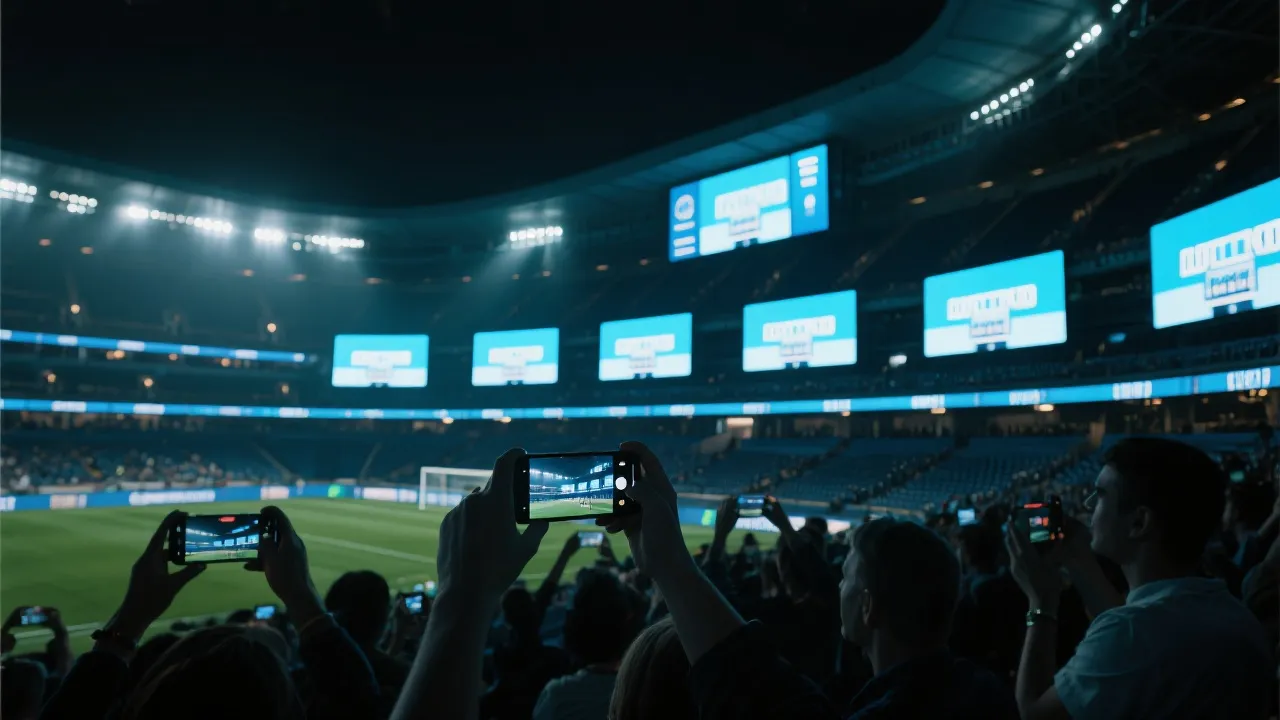 球场内多屏系统与观众使用手机进行多屏观赛的场景