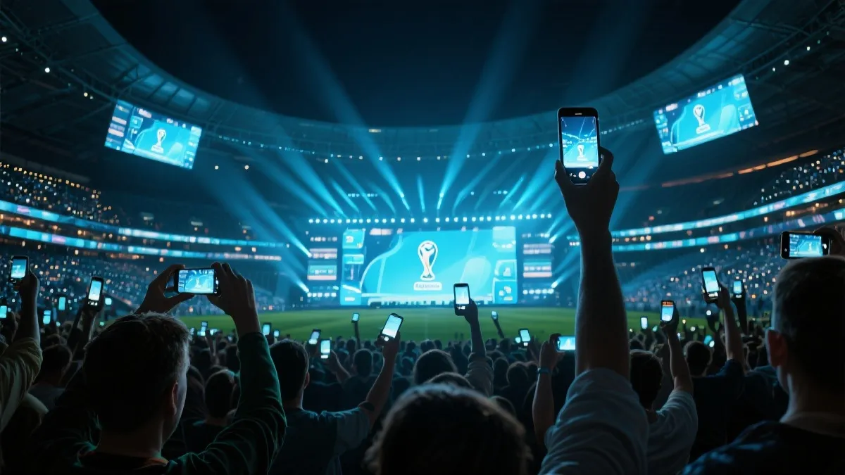 世界杯决赛观赛体验概念图：球迷在球场内使用手机互动、灯光秀与大屏同步